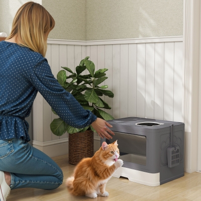 PawHut Cat Litter Box, Front Enter & Top Exit Cat Litter Tray with Scoop, Pull-out Tray, Easy to Clean, Grey