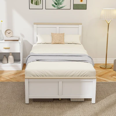 HOMCOM Twin Platform Bed Frame with Headboard, Wooden Slats, White