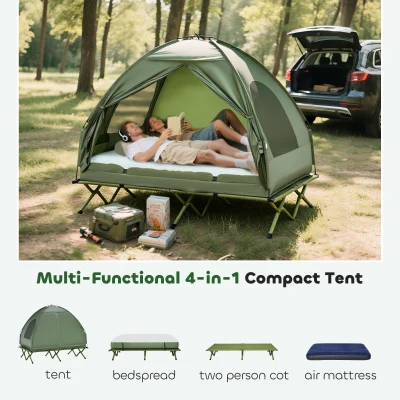 Outsunny 2-Person Tent Cot, 4-in-1 Folding Tent Combo with Air Mattress, Foot Pump, Carry Bag, Off Ground Travel Cot for Camping, Hiking, Backpacking(m-4)