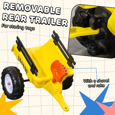 Aosom Kids Ride on Tractor with Back Trailer, Shovel & Rake, Horn, Pedal Go Kart for 3 Years Old, Yellow(m-5)