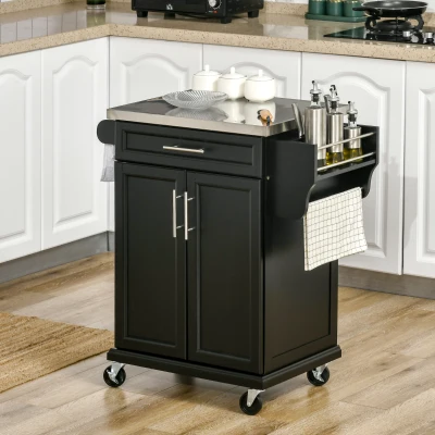 HOMCOM Rolling Kitchen Cart with Stainless Steel Top, Black