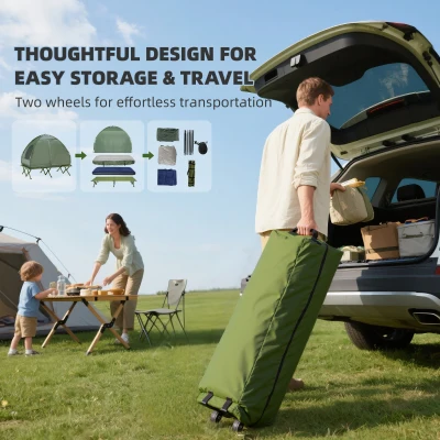 Outsunny 2-Person Tent Cot, 4-in-1 Folding Tent Combo with Air Mattress, Foot Pump, Carry Bag, Off Ground Travel Cot for Camping, Hiking, Backpacking(m-6)