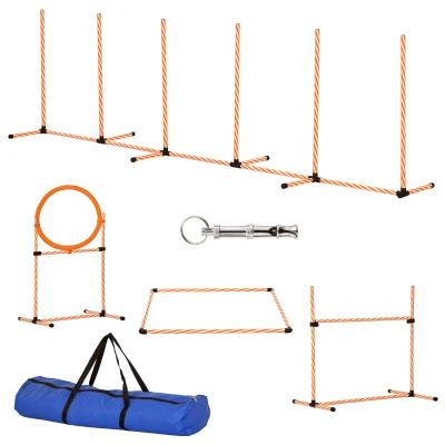 PawHut 4PC Portable Pet Agility Training Set Hurdle for Dog Obstacle Exercise with Adjustable Height Jump Ring High Jumper Weave Poles Square Pause Box Carry Bag Whistle Orange and White