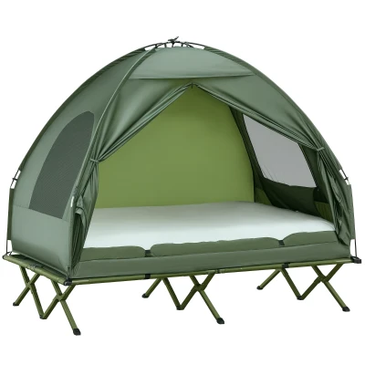 Outsunny 2-Person Tent Cot, 4-in-1 Folding Tent Combo with Air Mattress, Foot Pump, Carry Bag, Off Ground Travel Cot for Camping, Hiking, Backpacking(m-1)