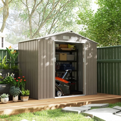 Outsunny 7' x 4' x 6' Garden Storage Shed Outdoor Patio Metal Tool Storage House w/ Foundation Kit and Double Doors Light Brown