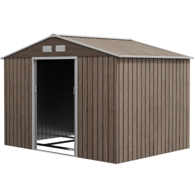 Outsunny 9.1'x6.4'x6.3' Garden Storage Shed w/ Foundation Kit Metal Tool Storage House w/ Double Doors Distressed Light Brown