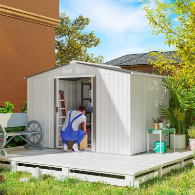 Outsunny 9.1' x 6.4' x 6.3' Garden Storage Shed w/ Foundation Kit Metal Tool Storage House w/ Double Doors Silver