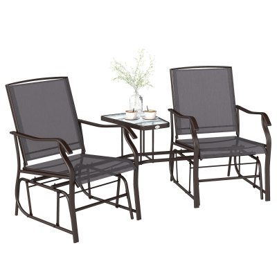 Outsunny Patio Double Glider Chair with Glass Top Center Table, Outdoor Glider Chair with High Back,  Sling Fabric for Garden, Bench, Grey