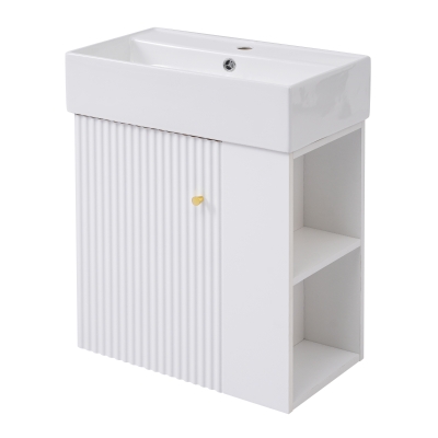 Modern Floating Bathroom Vanity with Ceramic Basin and Right Side Storage, Cabinet with Rose Gold Handle, 21.5" L x 12" W x 26.5" H, White