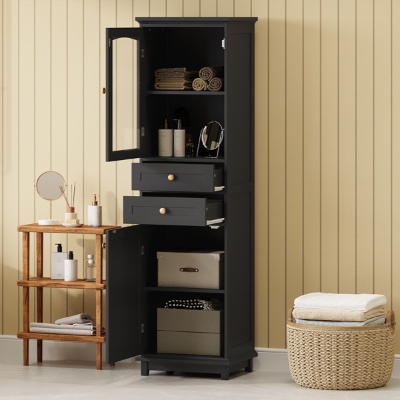 Tall Bathroom Storage Cabinet with Glass Doors, Free-Standing Design, Adjustable Shelves for Stylish Organization, 18" L x 14" W x 63" H, Black