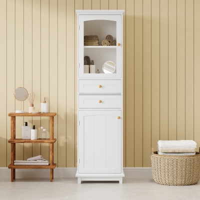 Tall Bathroom Storage Cabinet with Glass Doors, Free-Standing with Adjustable Shelves and Drawers, 18" L x 14" W x 63" H, White