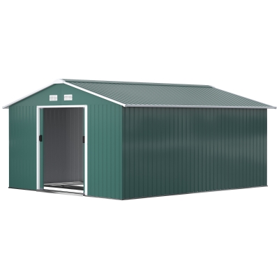 Outsunny 11' x 13' Practical Backyard Garden Storage Tool Shed with Double Sliding Door Garden Tool Shed with 4 Ventilation Slots, Green