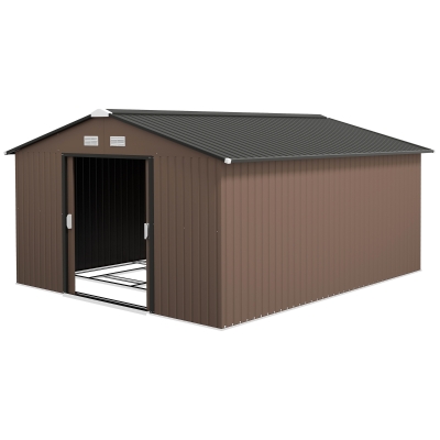11' x 13' Garden Storage Shed - Metal Tool Storage House, Foundation Kits Included, Brown