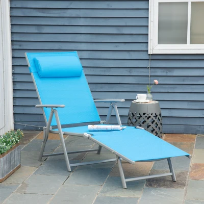 Outsunny Outdoor Folding Lounge Chair, 7-Position Adjustable, Light Blue