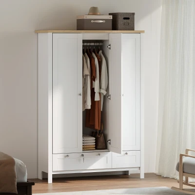 HOMCOM 3-Door Wardrobe Closet with Lockable Drawer & Shelves, White