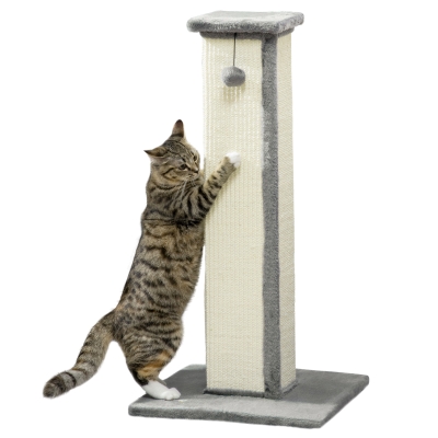 PawHut 32" Tall Cat Scratching Post for Indoor Cats and Kittens, Sisal Cat Scratcher with Hanging Ball Soft Plush, Grey