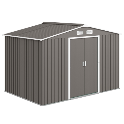 Outsunny 9x6 Galvanized Steel Ventilated Garden Storage Shed with Double Doors, Foundation Kit, Grey