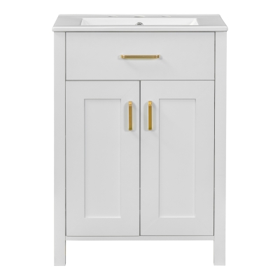 Space-Saving Design Bathroom Vanity Combo with Ceramic Sink, Storage Cabinet with Wood Frame, 24" L x 18.5" W x 34" H, White