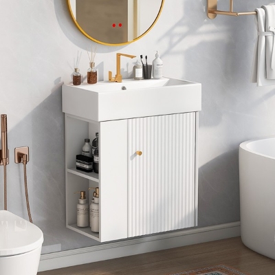 Modern Floating Bathroom Vanity with Ceramic Basin and Side Storage, Cabinet with Rose Gold Handle, 21.5" L x 12" W x 26.5" H, White