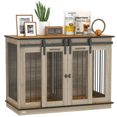PawHut 47in Dog Crate Furniture with Divider Panel, Wooden Dog Kennel TV Stand for Large Dogs, Pet House Side Table for 2 Small Dogs with Two Rooms Design, 2 Sliding Doors, Oak