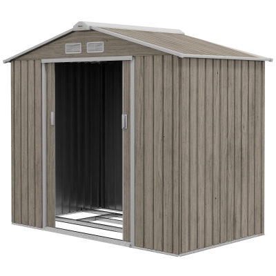 Outsunny 7' x 4' x 6' Garden Storage Shed Outdoor Patio Metal Tool Storage House w/ Foundation Kit and Double Doors Light Brown