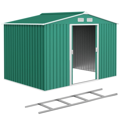 Outsunny 9.1' x 6.4' x 6.3' Garden Storage Shed w/ Foundation Kit Metal Tool Storage House w/ Double Doors Green