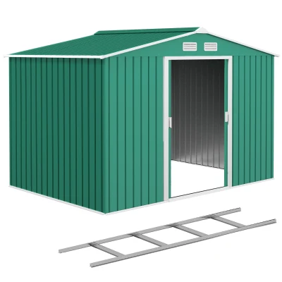 Outsunny 9.1' x 6.4' x 6.3' Garden Storage Shed w/ Foundation Kit Metal Tool Storage House w/ Double Doors Green