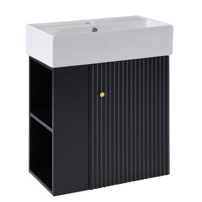 Modern Floating Bathroom Vanity with Ceramic Basin and Side Storage, Cabinet with Rose Golden Handle, 21.5" L x 12" W x 26.5" H, Black