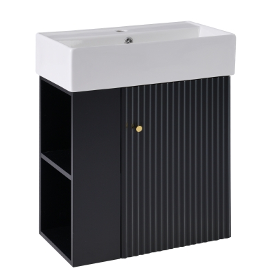 Modern Floating Bathroom Vanity with Ceramic Basin and Side Storage, Cabinet with Rose Golden Handle, 21.5" L x 12" W x 26.5" H, Black