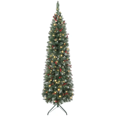 HOMCOM 6 ft Pencil Prelit Christmas Tree with LED Light, Silver Glitter, Dense Pointed Branches, 8 Modes, Slim Xmas Tree
