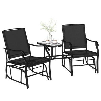 Outsunny Patio Double Glider Chair with Glass Top Center Table, Outdoor Glider Chair with High Back,  Sling Fabric for Garden, Bench, Black