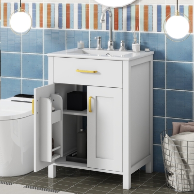 Space-Saving Design Bathroom Vanity Combo with Ceramic Sink, Storage Cabinet with Wood Frame, 24" L x 18.5" W x 34" H, White