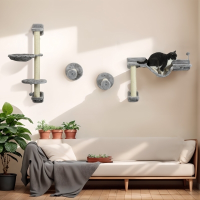 PawHut 4PCs Cat Wall Shelves with Hammock, Scratching Post, Ladder, Steps, Platforms, Toy Balls, Grey