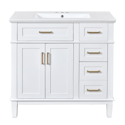 Modern Bathroom Vanity with Ceramic Sink, Soft Close Doors, Space-Saving Design and 4 Drawers for Storage, 36" L x 18.5" W x 35" H, White