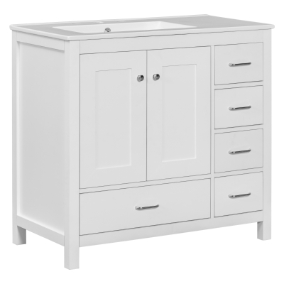 36" Bathroom Vanity with Ceramic Sink, 2 Soft-Close Doors and 5 Drawers, Cabinet with Free-Standing Design, 36" L x 18" W x 34" H, White