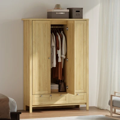 HOMCOM 3-Door Wardrobe Closet with Drawers & Hanging Rod, Natural
