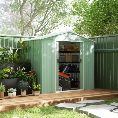 Outsunny 7' x 4' x 6' Garden Storage Shed Outdoor Patio Metal Tool Storage House w/ Foundation Kit and Double Doors Light Green