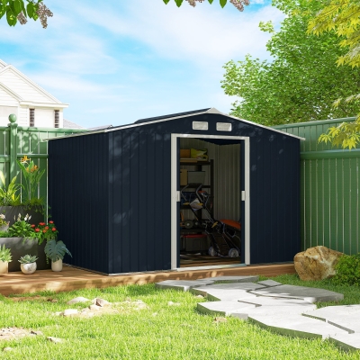 Outsunny 9.1'x6.4'x6.3' Garden Storage Shed w/ Foundation Kit Metal Tool Storage House w/ Double Doors Dark Grey