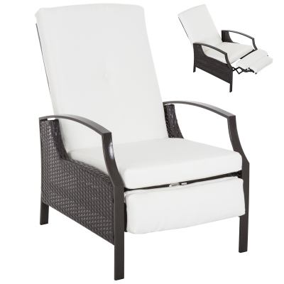 Outsunny Outdoor Rattan Recliner Chair, Wicker Reclining Chair with Adjustable Back Retractable Footrest Cushion White