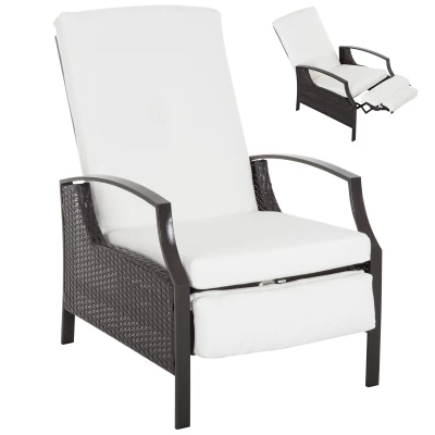 Outsunny Outdoor Rattan Recliner Chair, Wicker Reclining Chair with Adjustable Back Retractable Footrest Cushion White
