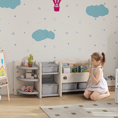 Qaba Toy Storage Organizer with 4 Storage Boxes, Bookshelves, Storage Racks, for Nursery, Kids Room, Playroom, Cream White