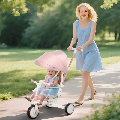 Qaba 7 in 1 Toddler Tricycle with Safety Harness, Adjustable & Removable Parent Handle, Canopy, Storage Bag, Brake, Pink