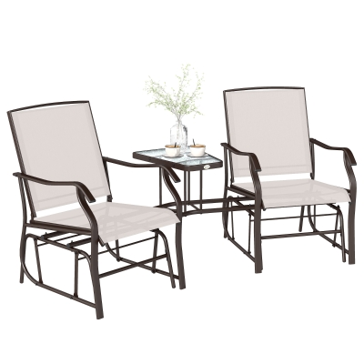 Outsunny Patio Double Glider Chair with Glass Top Center Table, Outdoor Glider Chair with High Back,  Sling Fabric for Garden, Bench, Beige