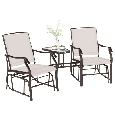 Outsunny Patio Double Glider Chair with Glass Top Center Table, Outdoor Glider Chair with High Back,  Sling Fabric for Garden, Bench, Beige