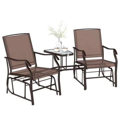 Outsunny Patio Double Glider Chair with Glass Top Center Table, Outdoor Glider Chair with High Back,  Sling Fabric for Garden, Bench, Brown