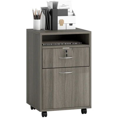 HOMCOM 24" Filing Cabinet with Open Compartment, Lockable Drawer and Wheels, Home Office Storage Cabinet, Distressed Grey