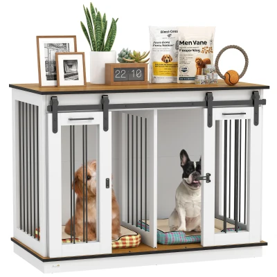 PawHut 47in Dog Crate Furniture with Divider Panel, Wooden Dog Kennel TV Stand for Large Breeds, Pet House Side Table for 2 Small Breeds with 2 Rooms Design, 2 Sliding Doors, White