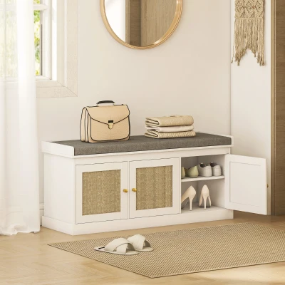 HOMCOM White Shoe Storage Bench with Rattan Doors & Cushion