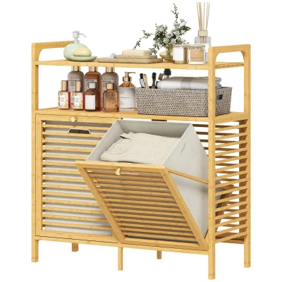 HOMCOM Tilt Out Laundry Hamper, Bamboo Laundry Cabinet with 2 Removable Baskets and 2-Tier Shelves for Laundry Room, Natural