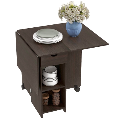 HOMCOM Folding Dining Table, Space Saving Drop Leaf Table with Drawer and Storage Shelves for Kitchen, Dining Room, Dark Brown